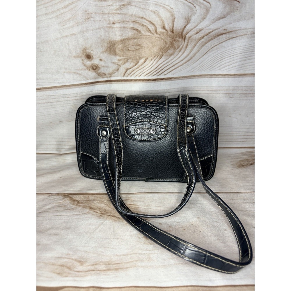 Vintage Y2K Black Faux Leather Croc Embossed Shoulder Bag Purse Silver Hardware